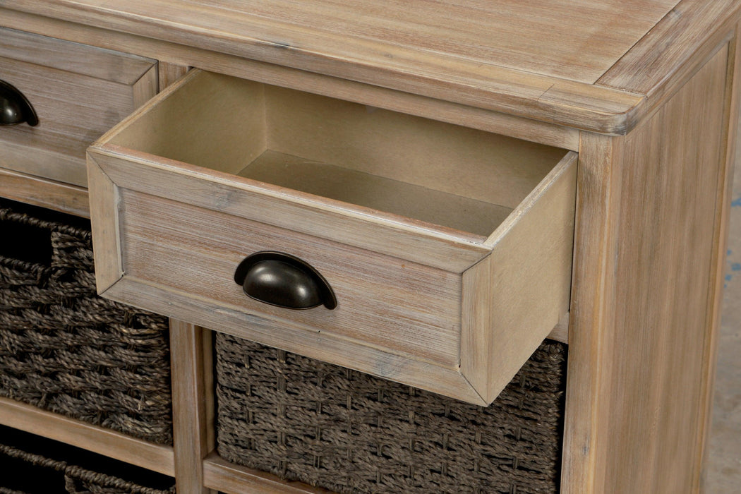 RusticStorage Cabinet with Two Drawers and Four Classic Rattan Basket for Dining Room/Living Room (White Washed)