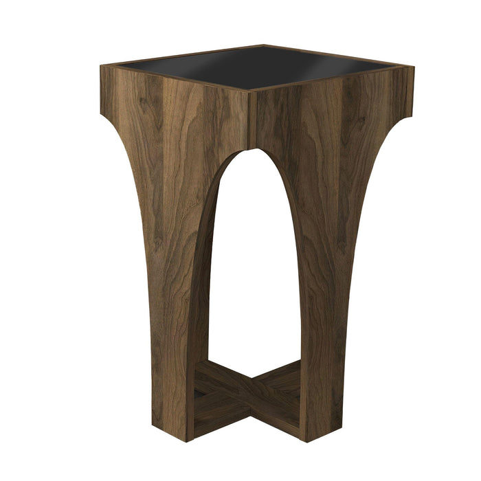 23 Inch Rectangular Glass Top Side Table, Chiseled Arch Panel Legs, Walnut, Smokey Black