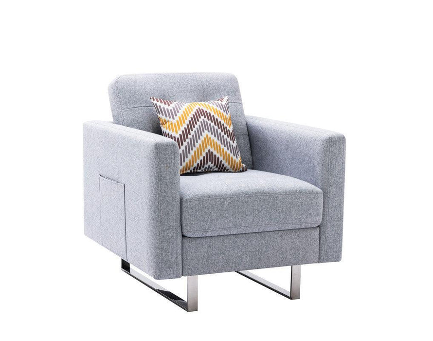 Victoria Light Gray Linen Fabric Loveseat Chair Living Room Set with Metal Legs, Side Pockets, and Pillows