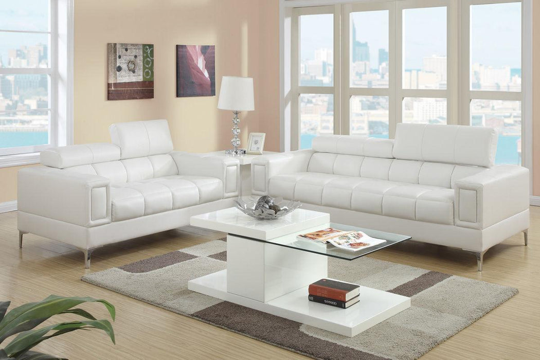 White Faux Leather Living Room 2pc Sofa set Sofa And Loveseat Furniture Couch Unique Design Metal Legs Adjustable Headrest