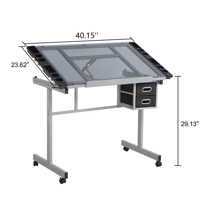 Adjustable Art Drawing Desk Craft Station Drafting   with 2 Non-woven fabric Slide Drawers and 4 Wheels