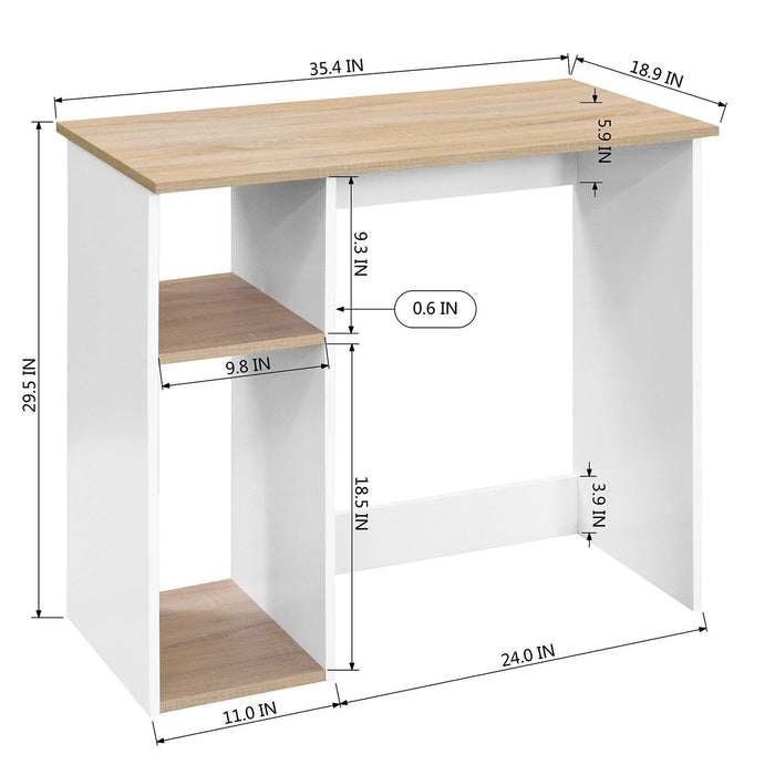 Full Wooden computer desk with 2 layers, 35.4" W x 18.9" D x 29.5" H, Oak & White