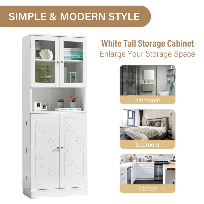 TallStorage Cabinet with Glass Doors for Bathroom/Office, MultipleStorage Space, White