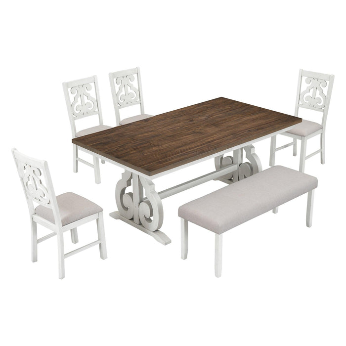 6-Piece Wooden Dining Table Set, Farmhouse Rectangular Dining Table, Four Chairs with Exquisitely Designed Hollow Chair Back and Bench for Home Dining Room (Brown+White)