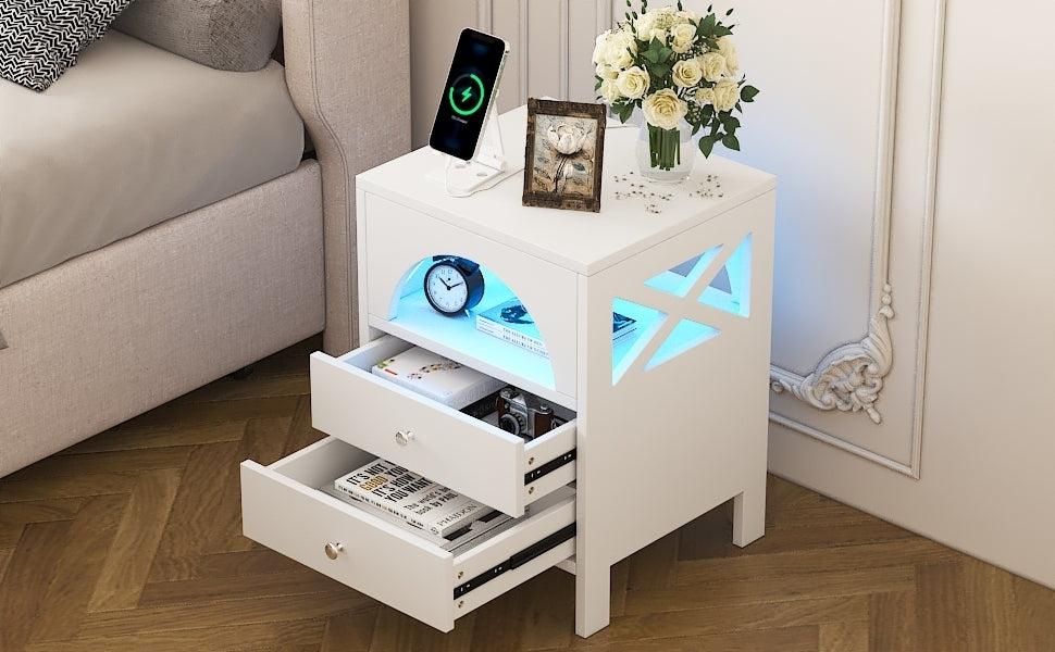 Nightstand with USB Charging Ports and LED Lights,End Table with 2 Drawers and Shelf,White