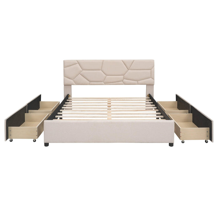 Queen Size Upholstered Platform Bed with Brick Pattern Heardboard and 4 Drawers, Linen Fabric, Beige