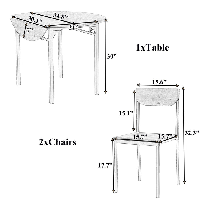 Modern 3-Piece Round Dining Table Set with Drop Leaf and 2 Chairs for Small Places,lden Frame+Faux White Granite Finish