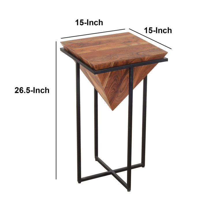 26 Inch Pyramid Shape Wooden Side Table With Cross Metal Base, Brown and Black