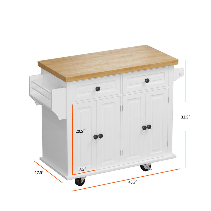 Kitchen Island Cart with TwoStorage Cabinets and Two Locking Wheels，43.31 Inch Width，4 Door Cabinet and Two Drawers，Spice Rack, Towel Rack （White）