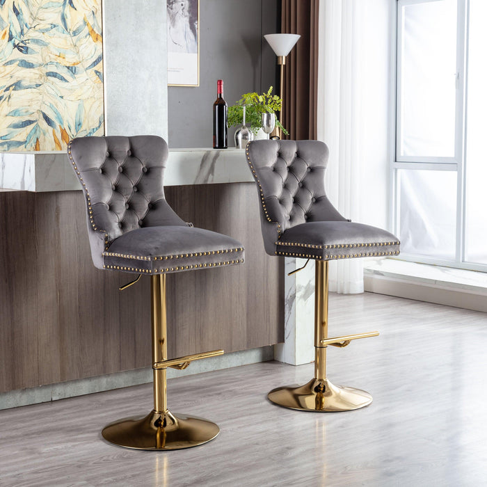 Swivel Bar Stools Chair Set of 2Modern Adjustable Counter Height Bar Stools, Velvet Upholstered Stool with Tufted High Back & Ring Pull for Kitchen , Chrome Golden Base, Grey