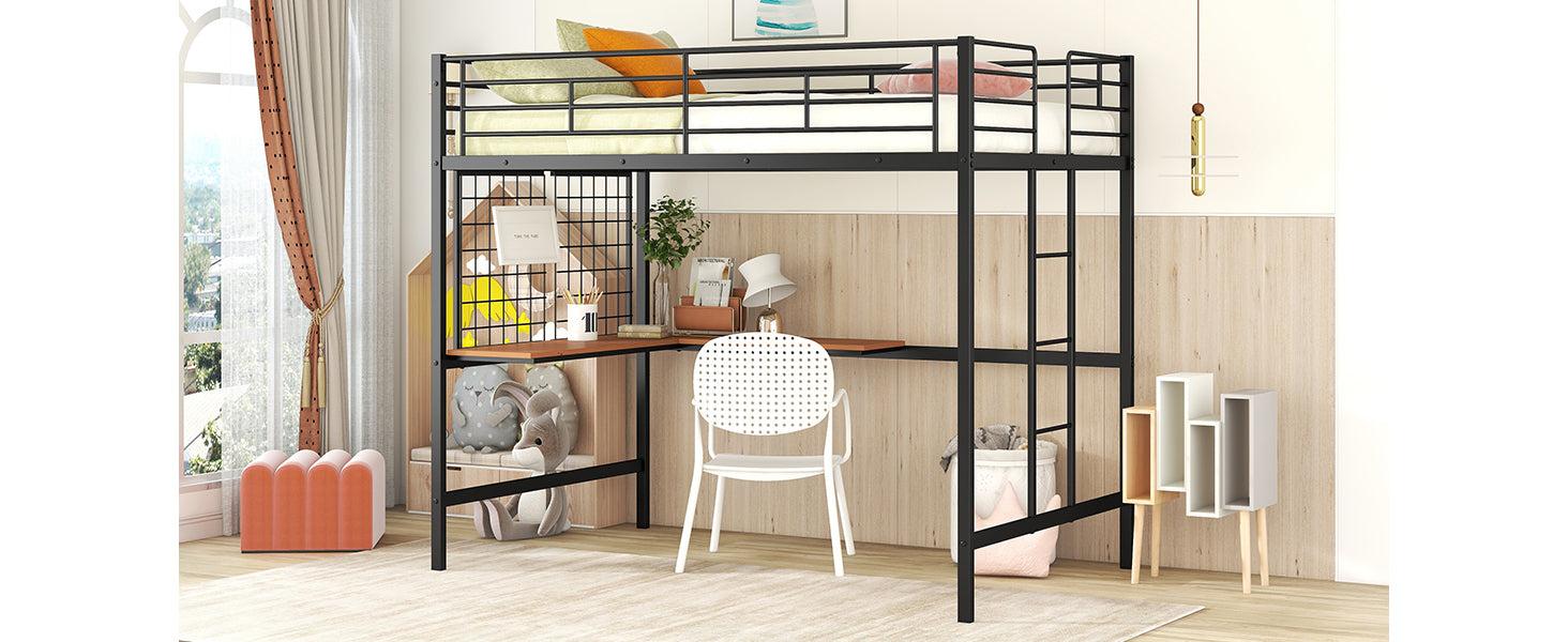 Full Metal Loft Bed with Desk and Metal Grid, Black