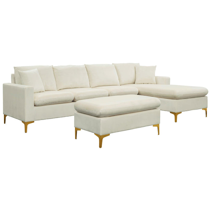 110.6" Sectional Sofa with Ottoman, L-Shape Elegant Velvet Upholstered Couch with 2 Pillows for Living Room Apartment,Cream White