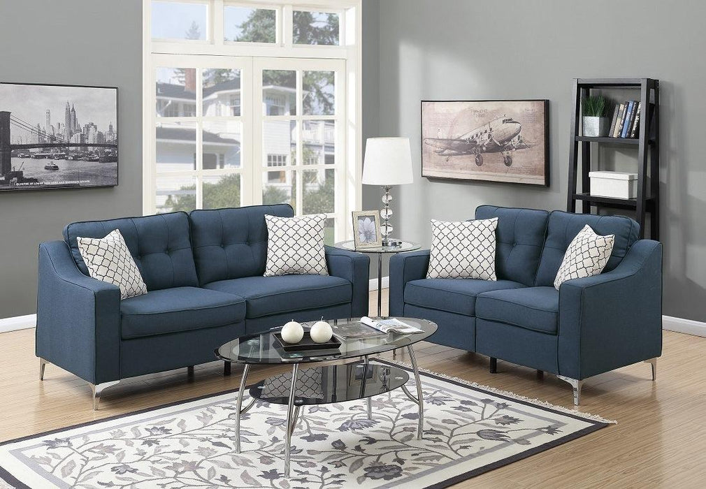 Living Room Navy Glossy Polyfber Sofa And Loveseat Furniture Plywood Metal Legs Couch Pillows 2pc Sofa set