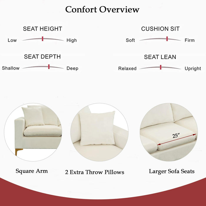 110.6" Sectional Sofa with Ottoman, L-Shape Elegant Velvet Upholstered Couch with 2 Pillows for Living Room Apartment,Cream White