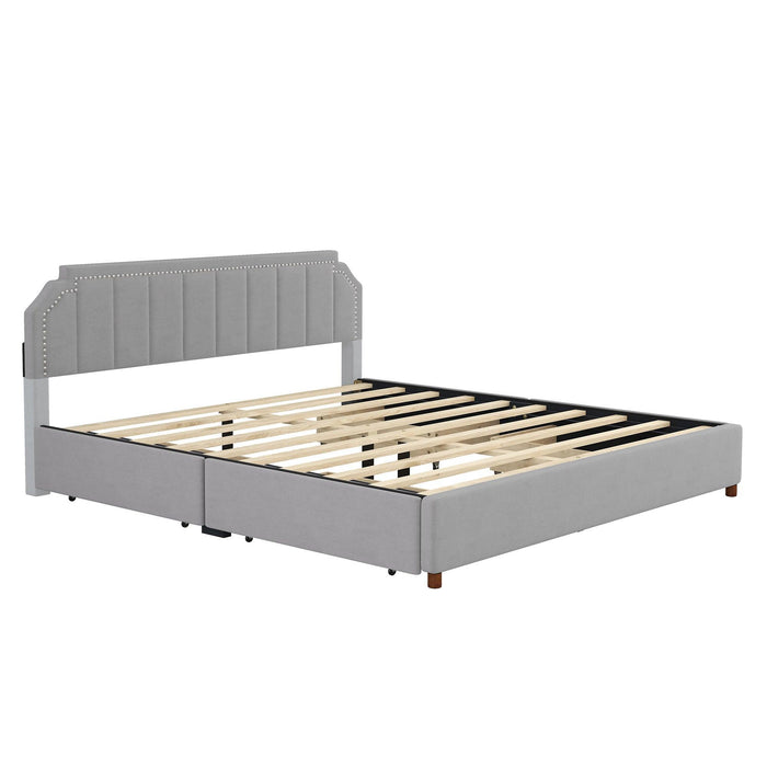 King Size Upholstery Platform Bed with FourStorage Drawers,Support Legs,Grey