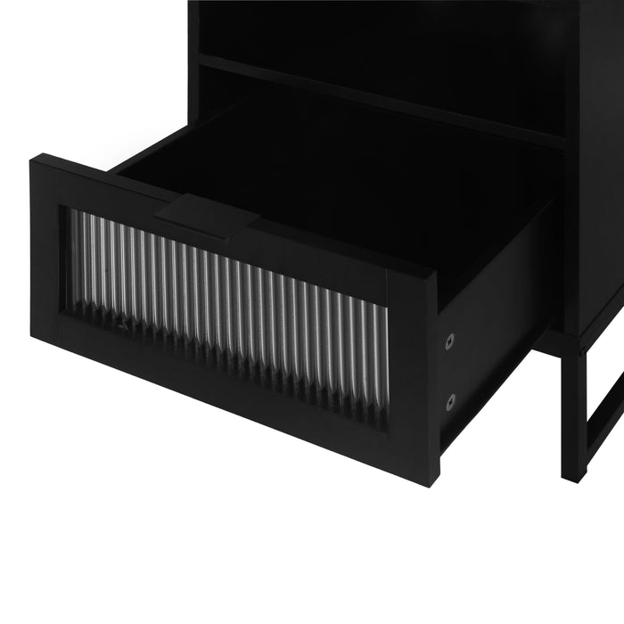 Nightstand with LED Lights / Drawer, Black Bedside Table for Bedroom