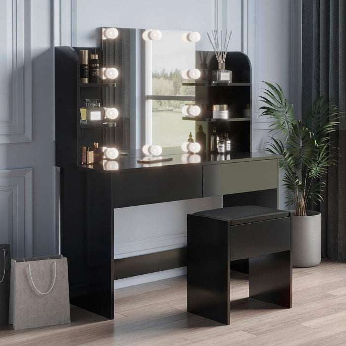 Modern Dressing table with 2 Drawers, 4 open shelves，Rectangular Makeup Table with Mirror, 10-lamp bulb,,42.52*15.75* 52.76inch,for Bedroom, Black