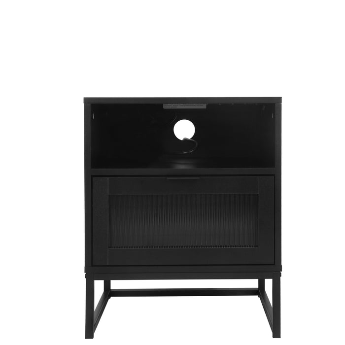 Nightstand with LED Lights / Drawer, Black Bedside Table for Bedroom