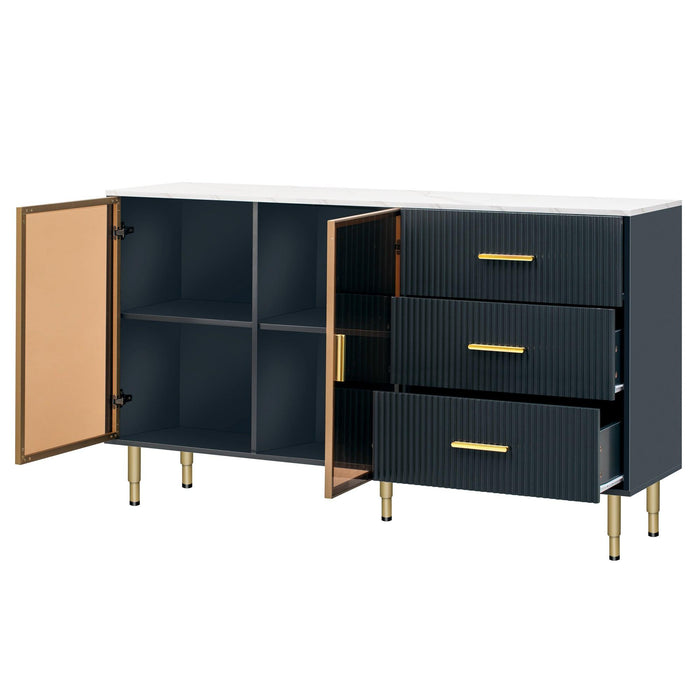 Modern Sideboard MDF Buffet Cabinet Marble Sticker Tabletop and Amber-yellow Tempered Glass Doors with Gold Metal Legs & Handles (Navy Blue)