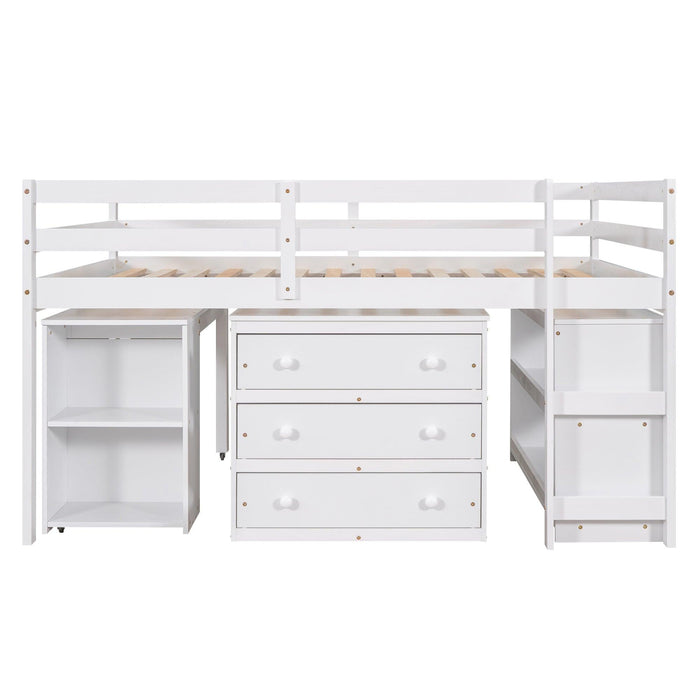 Low Study Full Loft Bed with Cabinet ,Shelves and Rolling Portable Desk ,Multiple Functions Bed- White