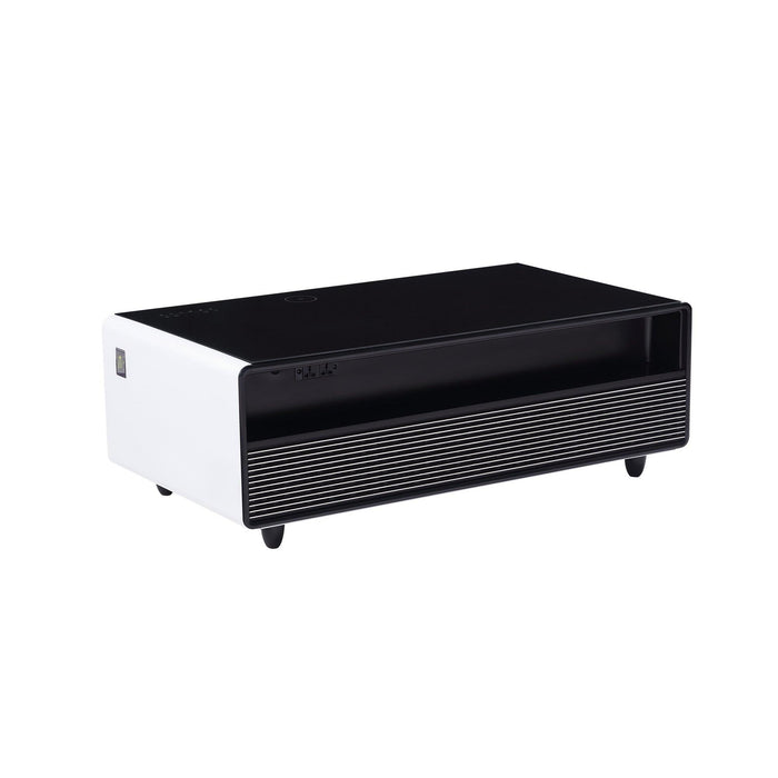 Modern Smart Coffee Table with Built-in Fridge, Bluetooth Speaker, Wireless Charging Module, Touch Control Panel, Power Socket, USB Interface, Outlet Protection, Atmosphere light, and More