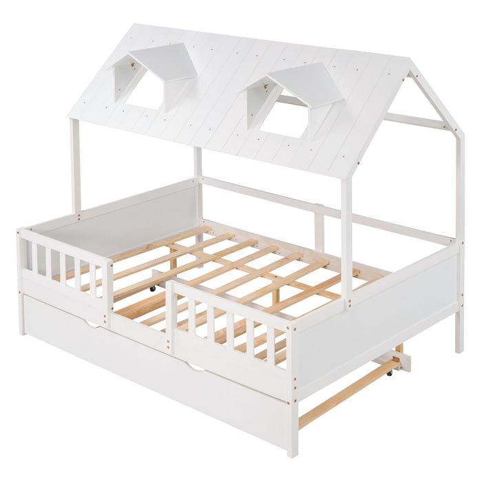 Full Size House Bed Wood Bed with  Twin Size Trundle ( White )