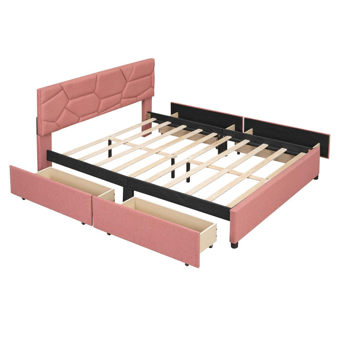 Queen Size Upholstered Platform Bed with Brick Pattern Heardboard and 4 Drawers, Linen Fabric, Pink