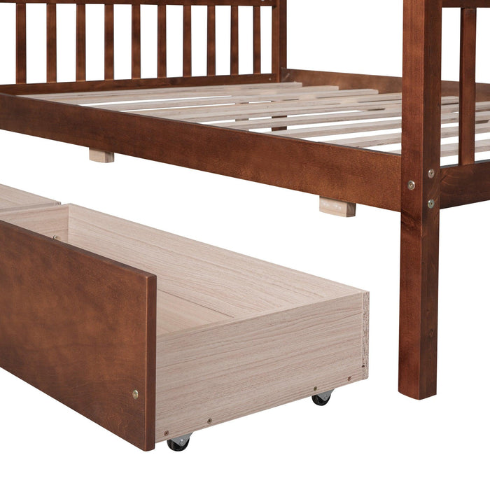 Full Size Wooden House Bed with Drawers, Walnut