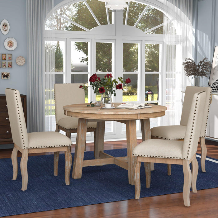 5-Piece Farmhouse Dining Table Set Wood Round Extendable Dining Table and 4 Upholstered Dining Chairs (Natural Wood Wash)