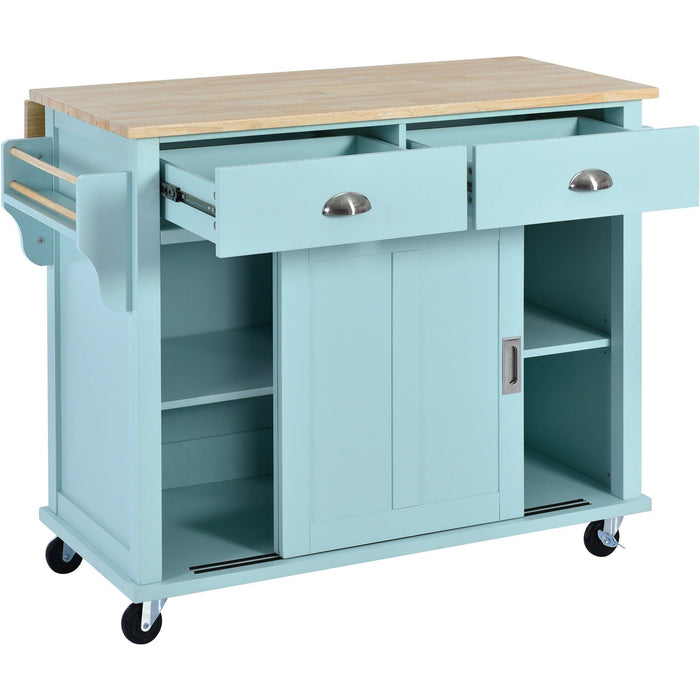 Kitchen Cart with Rubber wood Drop-Leaf Countertop, Concealed sliding barn door adjustable height,Kitchen Island on 4 Wheels withStorage Cabinet and 2 Drawers,L52.2xW30.5xH36.6 inch, Mint Green