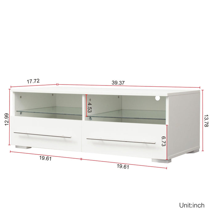 White TV cabinet has two drawers with dual end color-changing LED light strip