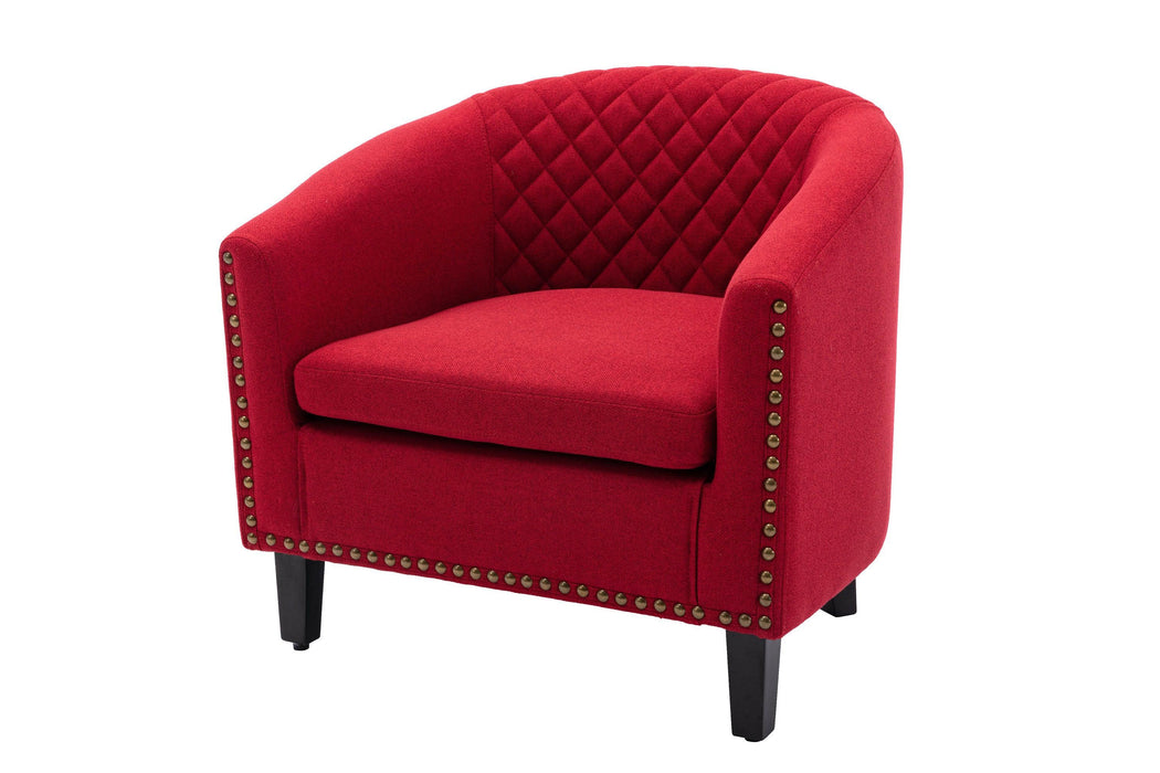 accent Barrel chair living room chair with nailheads and solid wood legs  Red  Linen