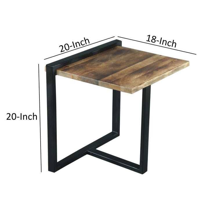 Industrial End Table with Wooden Rectangular Top and Metal Frame, Brown and Black