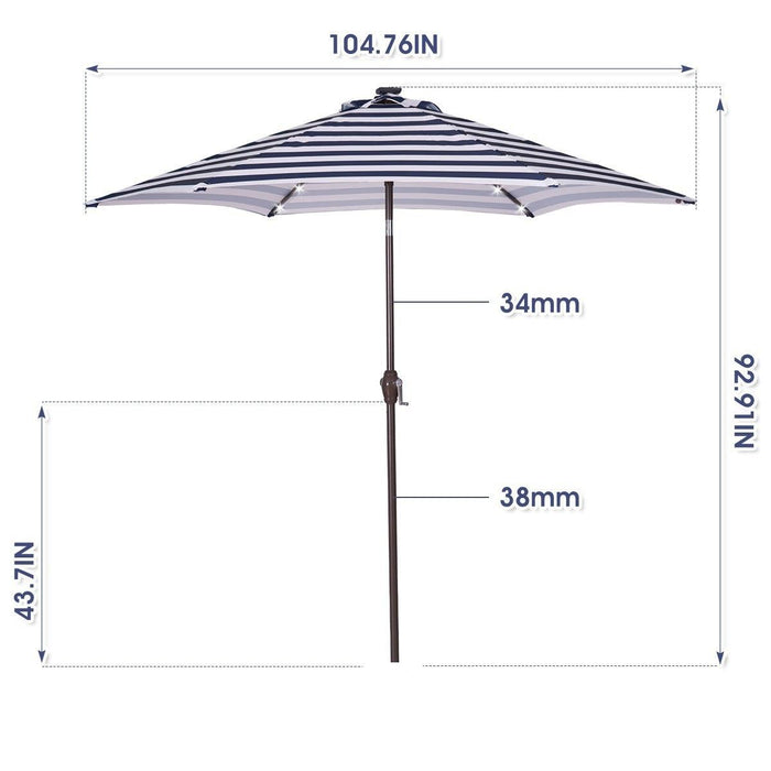 Outdoor Patio 8.7-Feet Market Table Umbrella with Push Button Tilt and Crank, Blue White Stripes With 24 LED Lights[Umbrella Base is not Included]