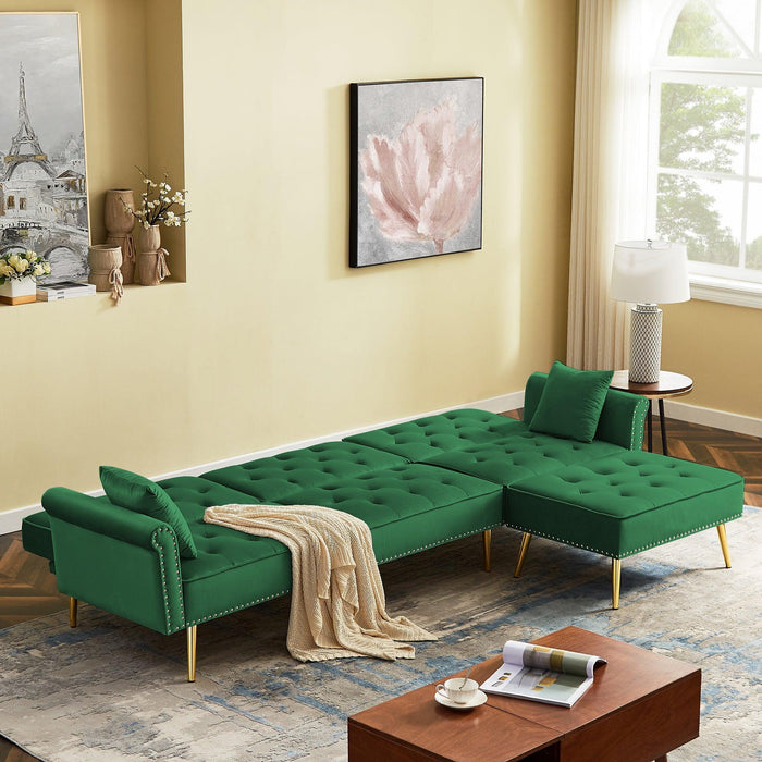 Modern Velvet Upholstered Reversible Sectional Sofa Bed , L-Shaped Couch with Movable Ottoman and Nailhead Trim For Living Room. (Green)