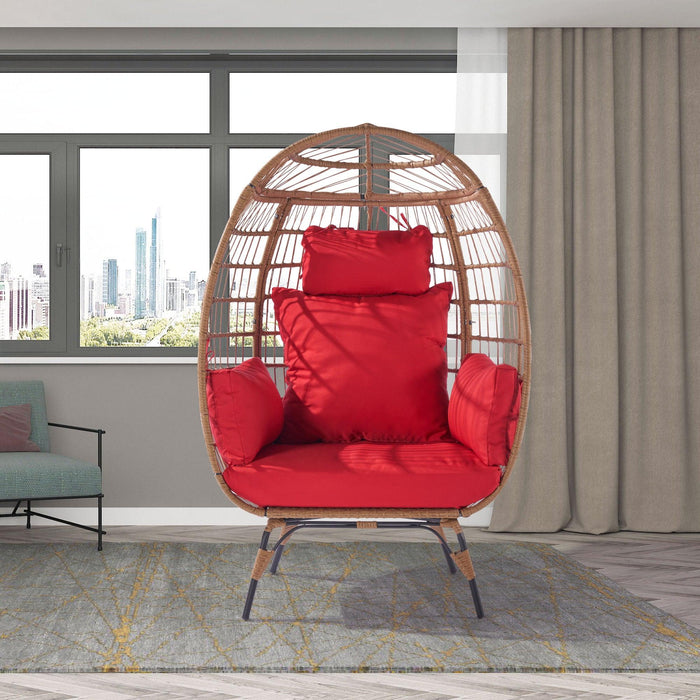 Wicker Egg Chair, Oversized Indoor Outdoor Lounger for Patio, Backyard, Living Room w/ 5 Cushions, Steel Frame, 440lb Capacity - Red