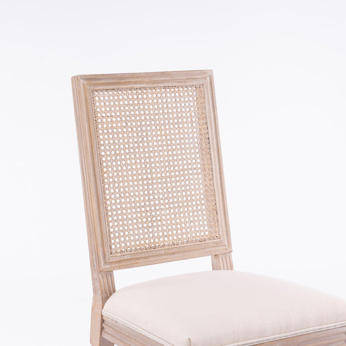 French Style Solid Wood Frame Linen Fabric Antique Painting Rattan Back Dining Chair ,Seat of 2,Cream