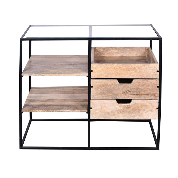 35 Inch HandcraftedModern Glass Table,Storage Shelves, 3 Drawers, Metal Frame, Natural Brown and Black