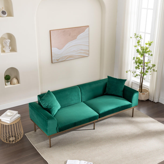 Modern Velvet Sofa with Metal Legs,Loveseat Sofa Couch with Two Pillows for Living Room and Bedroom, Green