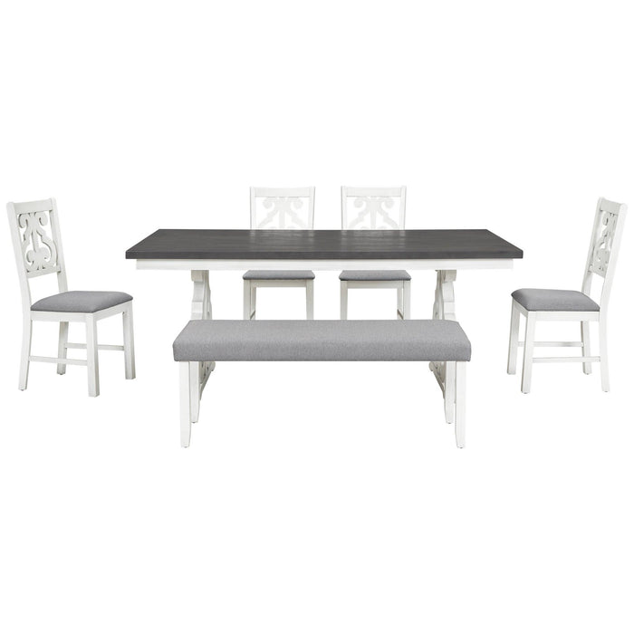 6-Piece Wooden Dining Table Set, Farmhouse Rectangular Dining Table, Four Chairs with Exquisitely Designed Hollow Chair Back and Bench for Home Dining Room (Gray+White)