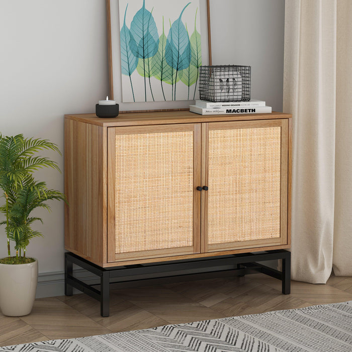 Natural rattan，2 door cabinet，with 1 Adjustable Inner Shelves，rattan，AccentStorage Cabinet