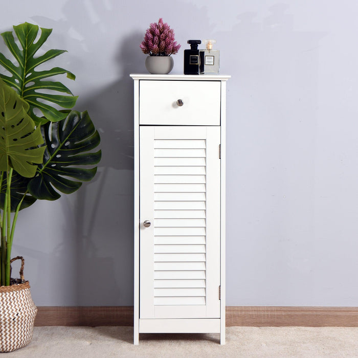 Bathroom Floor CabinetStorage Organizer Set with Drawer and Single Shutter Door Wooden White