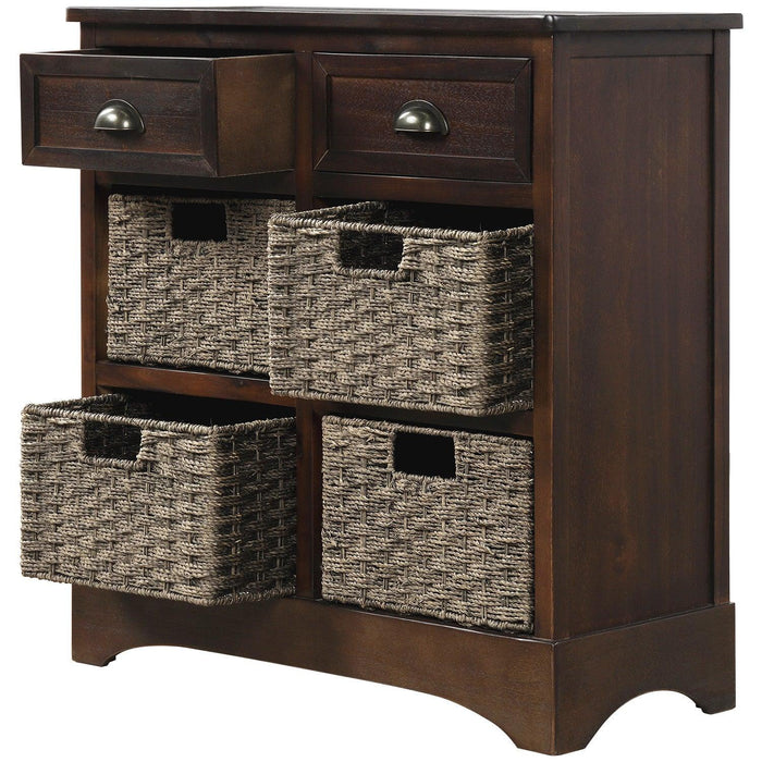 RusticStorage Cabinet with Two Drawers and Four Classic Rattan Basket for Dining Room/Living Room (Espresso)