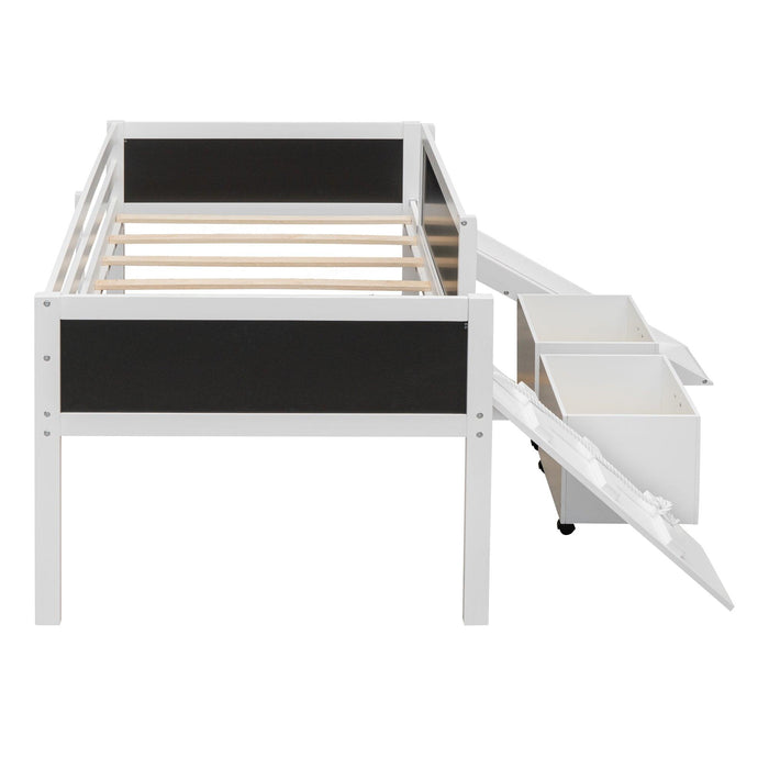 Twin size Loft Bed Wood Bed with TwoStorage Boxes - White