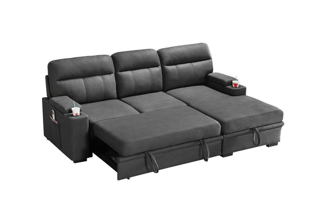 Kaden Gray Fabric Sleeper Sectional Sofa Chaise withStorage Arms and Cupholder