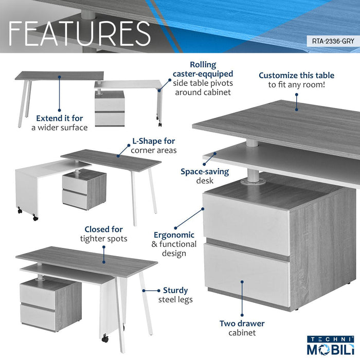 Techni Mobili Rotating Multi-PositionalModern Desk, Grey