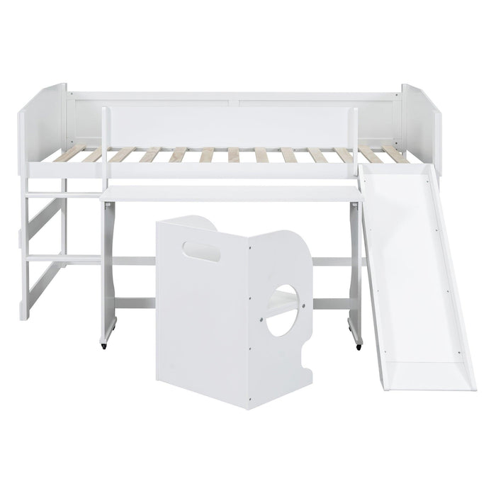 Low Study Twin Loft Bed with Rolling Portable Desk and Chair,Multiple Functions Bed- White