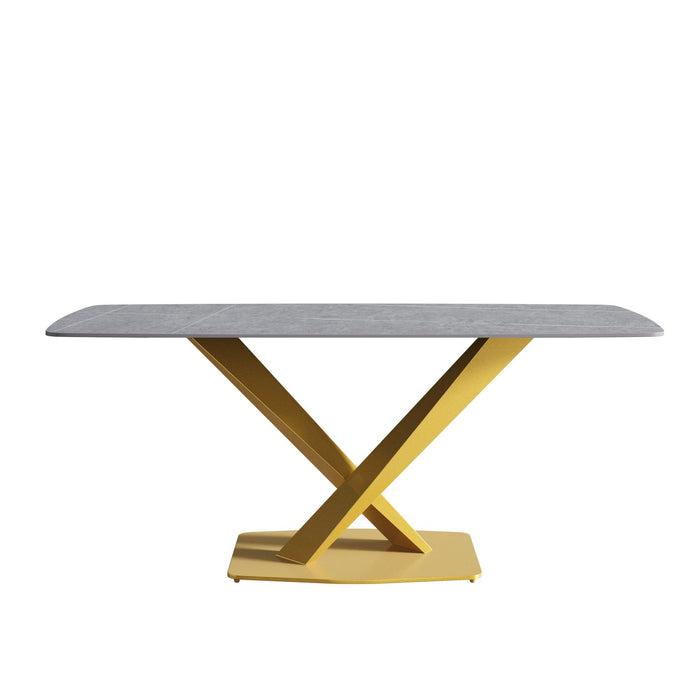 70.87"Modern artificial stone gray curved golden metal leg dining table-can accommodate 6-8 people