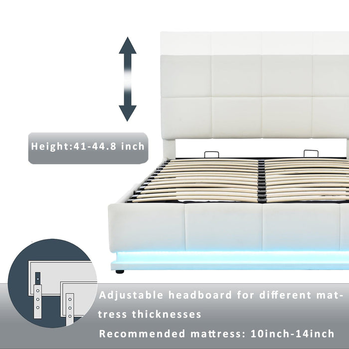 Tufted Upholstered Platform Bed with HydraulicStorage System,Queen Size PUStorage Bed with LED Lights and USB charger, White