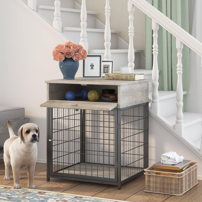 Furniture Style Wood Dog Crate End Table withStorage Console（Grey,19.69''w x 22.83''d x 26.97''h）